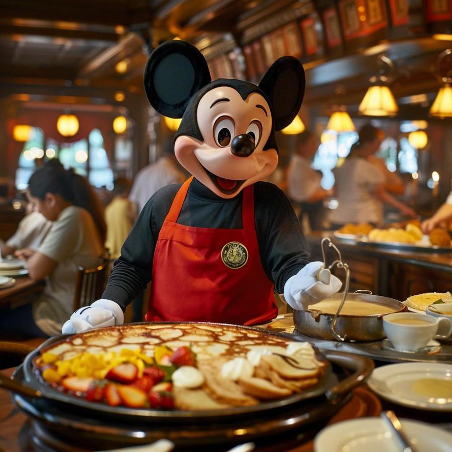 Alt text: Chef Mickey breakfast delicious dishes with colorful decorations at vibrant restaurant.