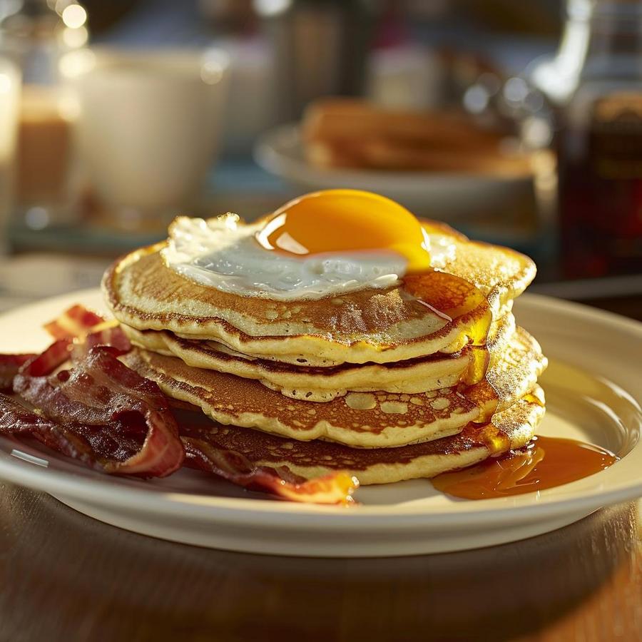 Image of a delicious Denny's Grand Slam Breakfast with pancakes and eggs.