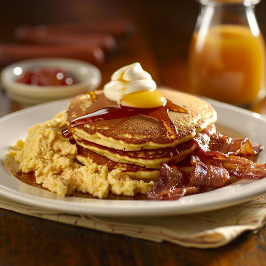 Image alt text: "Nutritious Denny's Grand Slam breakfast with pancakes, eggs, bacon, and sausage."