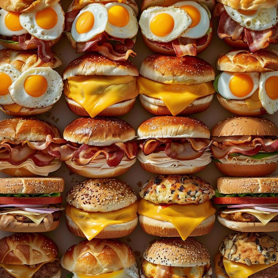 Image of a delicious Dunkin breakfast sandwich with eggs, bacon, and cheese.