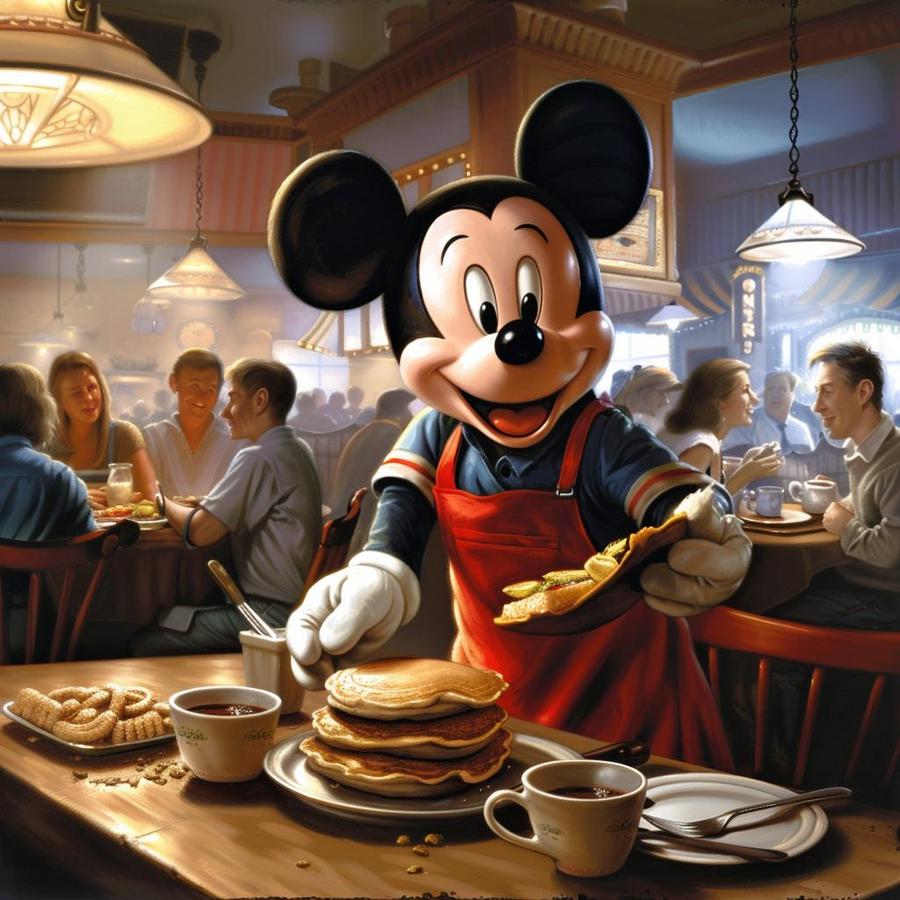 "Delicious options at Chef Mickey Breakfast with characters, fun atmosphere"