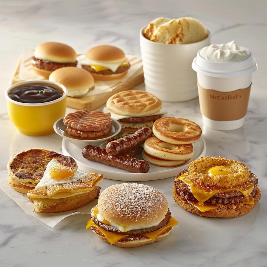 Image of a variety of McDonald's breakfast items including egg muffins and hash browns.