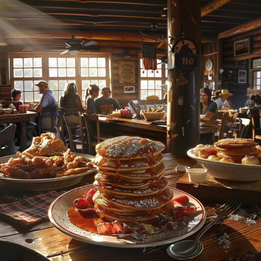 Image alt text: "Delicious Cracker Barrel breakfast spread with pancakes, biscuits and gravy, and bacon."