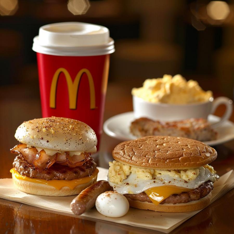 Alt text: McDonald's breakfast meal with delicious coffee, served during breakfast hours.