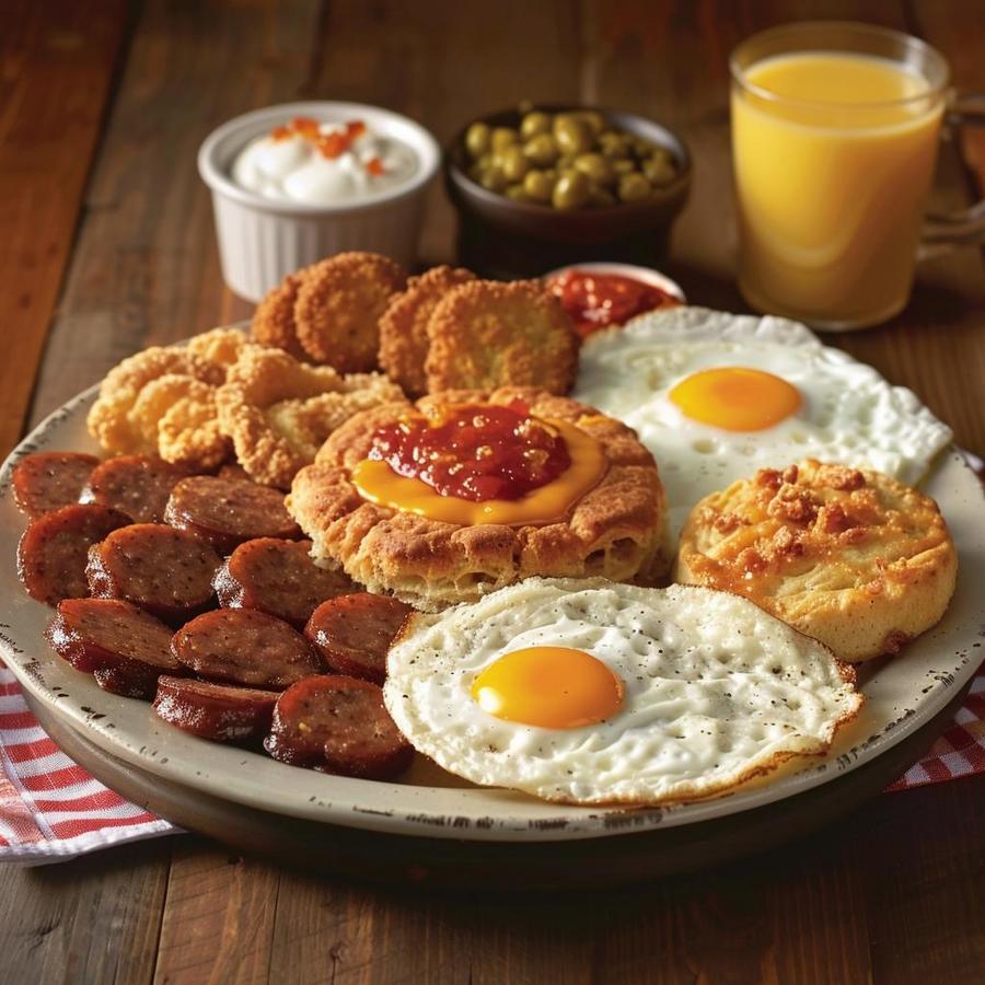 "Delicious Bojangles breakfast platter featuring biscuits, eggs, and crispy bacon."