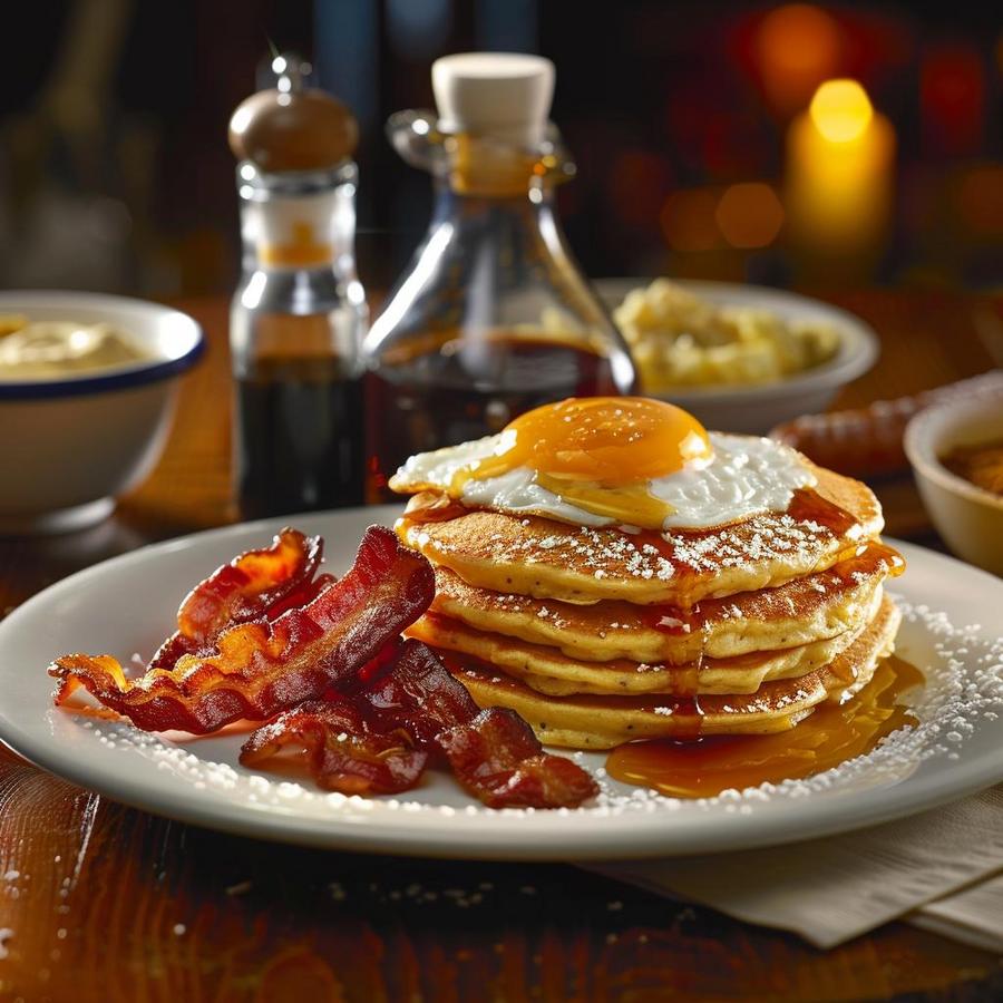 Image alt text: "Denny's Grand Slam breakfast featuring pancakes, eggs, bacon, and sausage."
