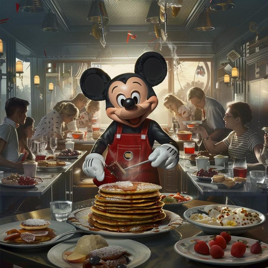 Alt text: Enjoying a delicious meal at Chef Mickey's breakfast with Mickey Mouse.