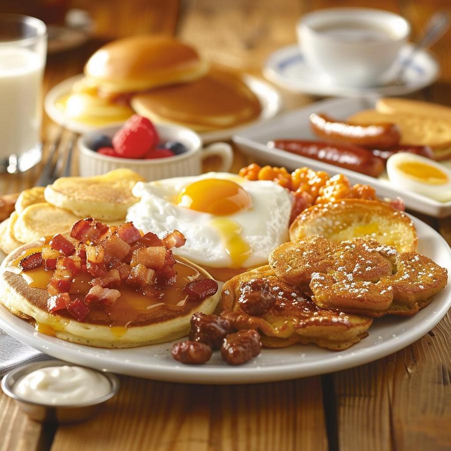 Image of a delicious IHOP breakfast sampler with pancakes, eggs, bacon, and sausage.