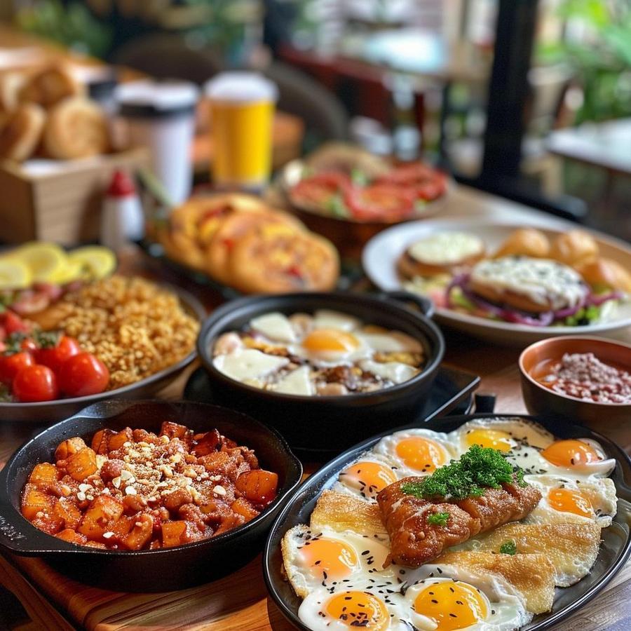 A vibrant breakfast spread with waffles, fruits, and coffee for Sonics Breakfast Times.