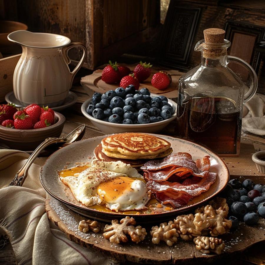 Image of a diverse "traditional American breakfast" spread showcasing regional specialties.