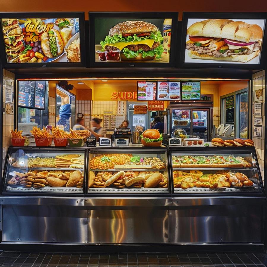 "Subway breakfast menu prices display with various options like sandwiches and drinks."