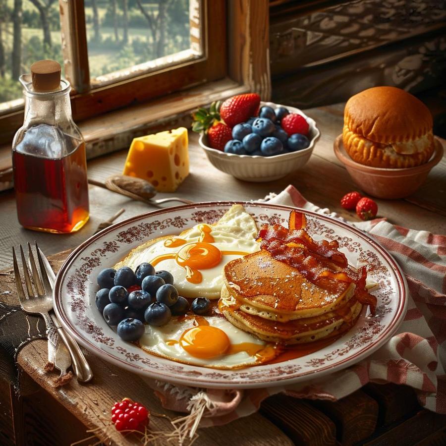 Alt text: A classic spread showcasing the essentials of a traditional American breakfast.