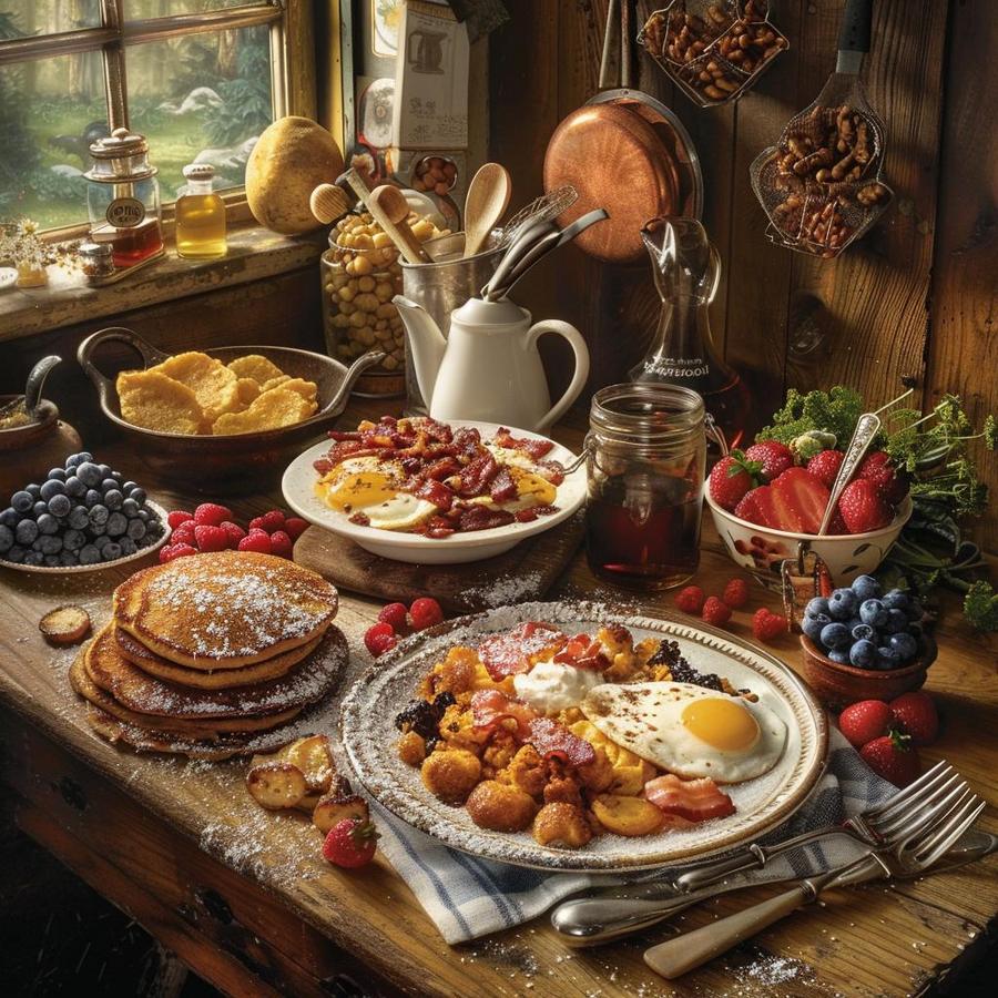 Image of a traditional American breakfast spread with pancakes, eggs, and bacon.